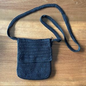 Black crocheted knit crossbody bag